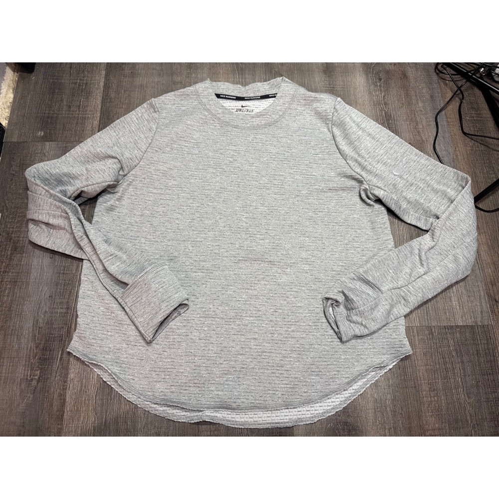 Nike Running Dri-FIT Long Sleeve Gray Textured Knit Top Thumbholes Women Large